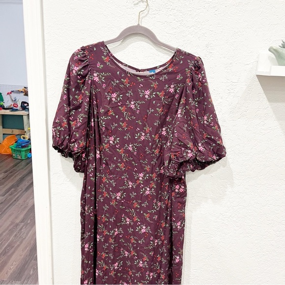 Old Navy Dress Women's 3X Maroon Floral Slit Puff Sleeve Maxi Cottage Prairie - Picture 4 of 9